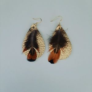 Real leather & quail feather earring 14k gold